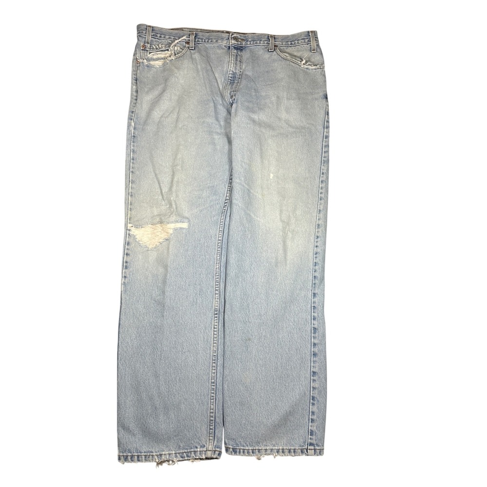 Vintage 90s Thrashed Levi's 505 Mens 42x32‎ Light Wash Distressed Straight Leg